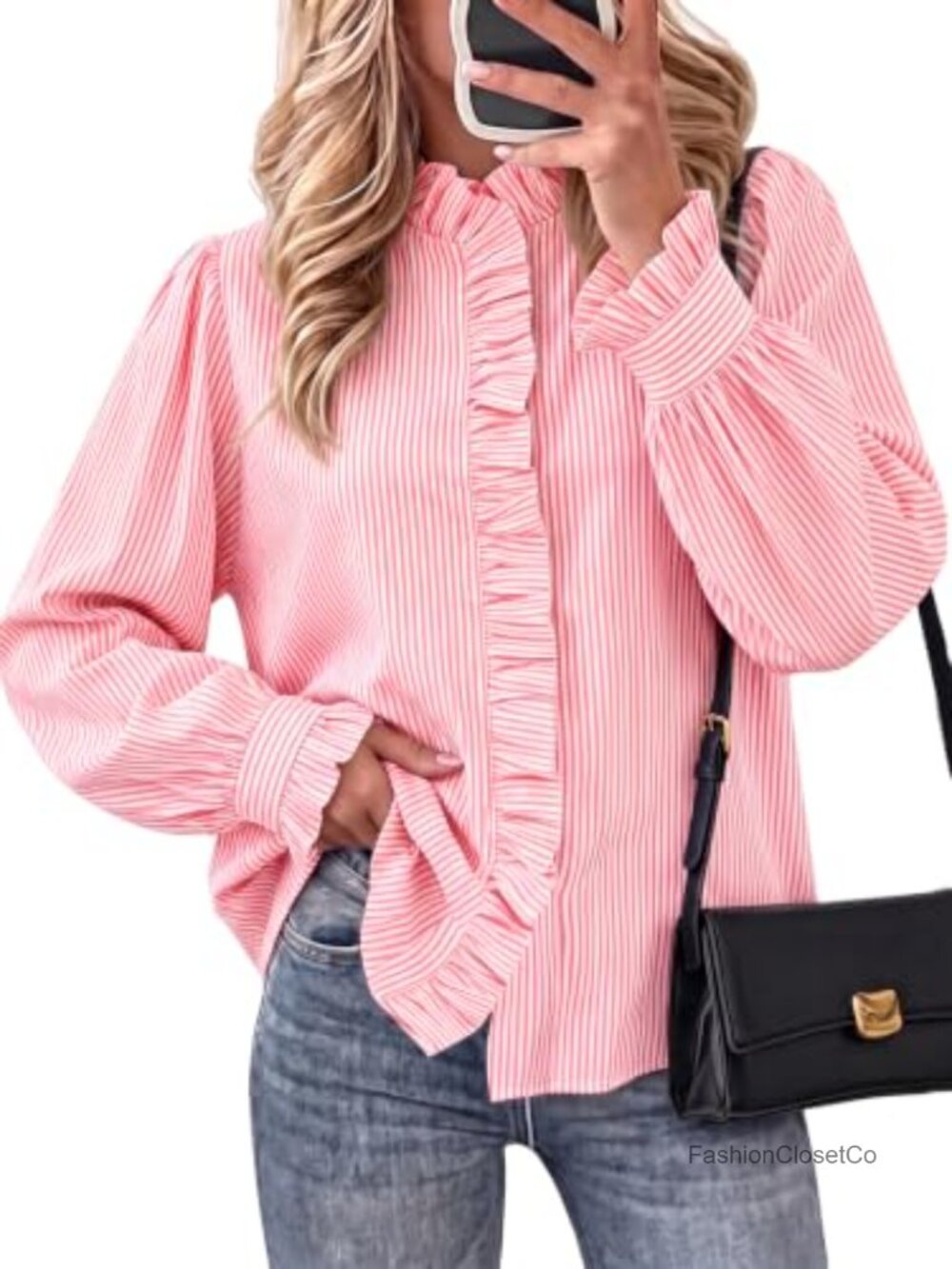 Womens Striped Ruffle Button Down Shirt Long Sleeve Blouse